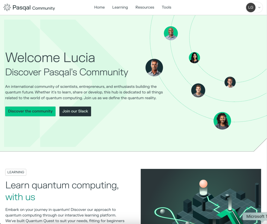 Screenshot of the Pasqal Community Platform home page